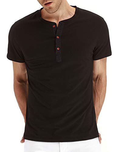 NITAGUT Herren T-Shirt Baumwolle Kurzarm Alltags-Henley-Hemd,Schwarz,XL EU von NITAGUT