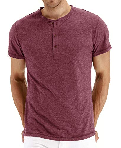 NITAGUT Herren T-Shirt Baumwolle Kurzarm Alltags-Henley-Hemd,Vg rot,XL EU von NITAGUT