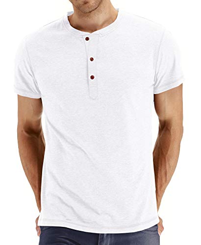 NITAGUT Herren T-Shirt Baumwolle Kurzarm Alltags-Henley-Hemd,Weiß,S EU von NITAGUT