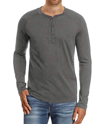 NITAGUT Herren T-Shirt Baumwolle Langarm Alltags-Henley-Hemd,Dunkelgrau,L EU von NITAGUT