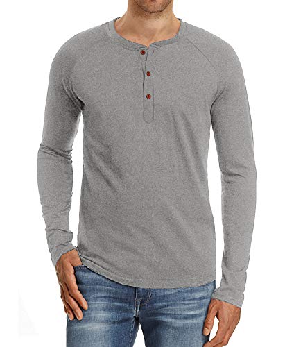 NITAGUT Herren T-Shirt Baumwolle Langarm Alltags-Henley-Hemd,Hellgrau,M EU von NITAGUT