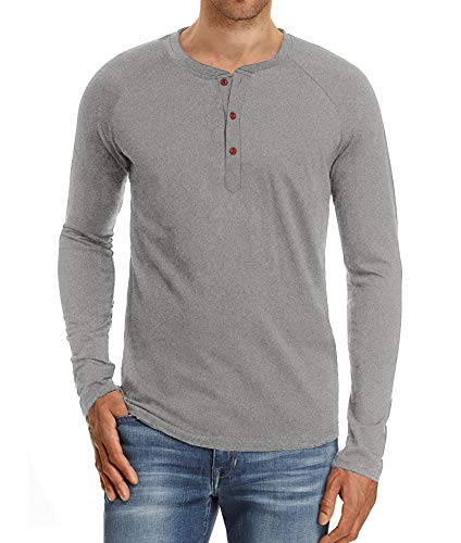 NITAGUT Herren T-Shirt Baumwolle Langarm Alltags-Henley-Hemd,Hellgrau,XL EU von NITAGUT
