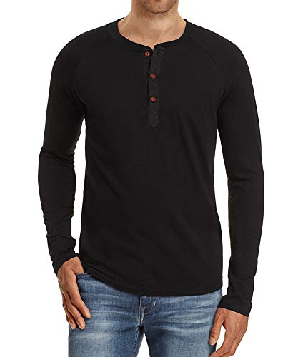 NITAGUT Herren T-Shirt Baumwolle Langarm Alltags-Henley-Hemd,Schwarz,XL EU von NITAGUT