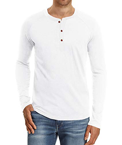 NITAGUT Herren T-Shirt Baumwolle Langarm Alltags-Henley-Hemd,Weiß,XL EU von NITAGUT