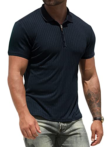 NITAGUT Poloshirt für Herren Workout Leistung Slim Fit Reißverschluss T-Shirts Männer Sport Golf Tennis Oberteile,Marineblau,XL von NITAGUT
