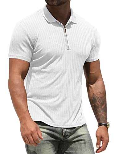 NITAGUT Poloshirt für Herren Workout Leistung Slim Fit Reißverschluss T-Shirts Männer Sport Golf Tennis Oberteile,Weiß,L von NITAGUT