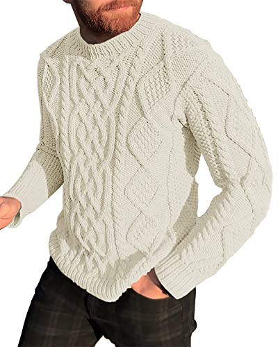 NIUBIA Herren Winter Strickpullover Einfarbig Casual Mode Pullover Langarm Zopfmuster Rippenpullover, Weiß, Groß von NIUBIA