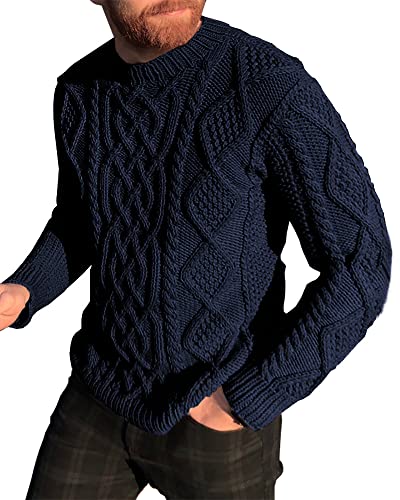 NIUBIA Herren Winter Strickpullover Einfarbig Casual Mode Pullover Langarm Zopfmuster Rippenpullover, blau, X-Groß von NIUBIA