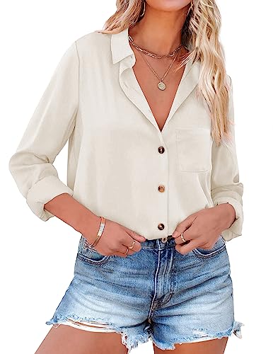 NIUDAU Bluse Damen Elegant Langarm Hemd Casual Button down Shirt V-Ausschnitt Casual Beige M von NIUDAU