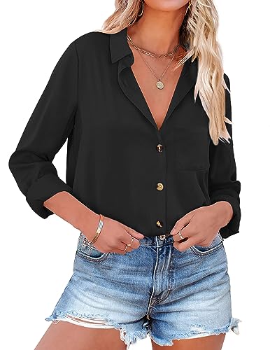 NIUDAU Bluse Schwarz Damen Hemd Langarmshirt mit Knöpfen für Frühling Bluse Arbeit Orberteil Schwarz S von NIUDAU