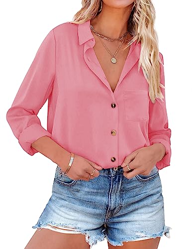 NIUDAU Bluse Weiß Damen Hemd Langarmshirt mit Knöpfen für Frühling Bluse Arbeit Orberteil Rosa S von NIUDAU