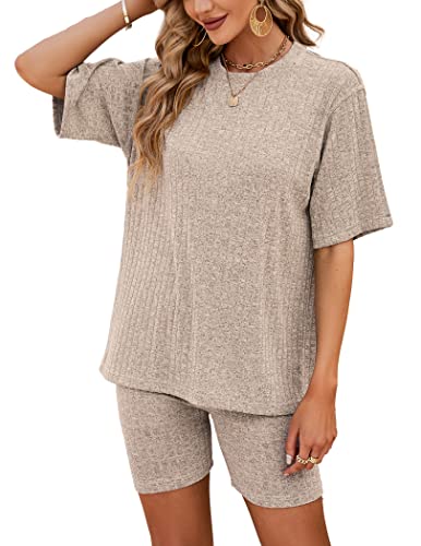 NIUDAU Damen 2 Stück Strickanzug aus Kurzarm Strickpullover Und Jogginghose Zweiteilige Beiläufig Outfit Freizeitanzug Sportanzug Loungewear Set Khaki von NIUDAU