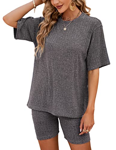 NIUDAU Damen 2 Stück Strickanzug aus Kurzarm Strickpullover Und Jogginghose Zweiteilige Beiläufig Outfit Freizeitanzug Sportanzug Loungewear Set von NIUDAU