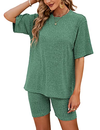 NIUDAU Damen 2 Stück Strickanzug aus Kurzarm Strickpullover Und Jogginghose Zweiteilige Beiläufig Outfit Freizeitanzug Sportanzug Loungewear Set von NIUDAU