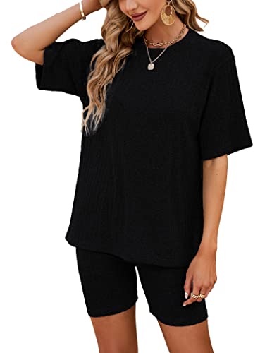 NIUDAU Damen 2 Teilig Anzug Freizeit Basic Sommer Elegant Zweiteiler Outfit Set für Frauen Streetwear Oversize Tracksuit Set Kurzarm Shirt High Waist Shorts von NIUDAU