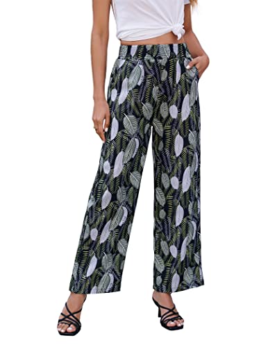 NIUDAU Damen Blumen Hosen Sommer Locker Schlafhose Weite Bein Lange Hose Gamaschen Freizeithose mit Taschen L von NIUDAU