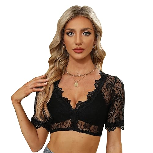 NIUDAU Damen Dirndlbluse Spitze Trachten Dirndlbluse Kurzarm Oktoberfest Dirndlblusen Halbarm Tracht Bluse Schwarz von NIUDAU