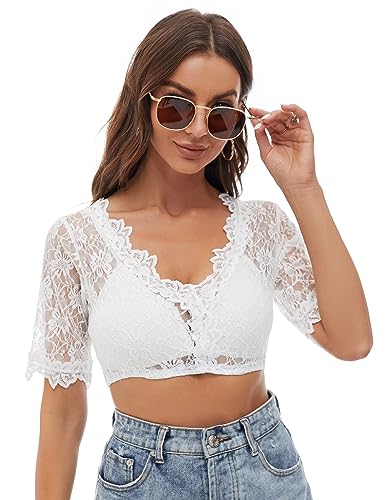 NIUDAU Damen Dirndlbluse Spitze Trachten Dirndlbluse Kurzarm Oktoberfest Dirndlblusen Halbarm Tracht Bluse Weiß von NIUDAU
