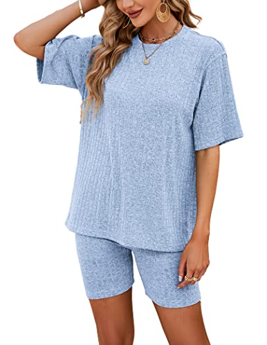 NIUDAU Damen Pyjama Set Drop Shoulder Kurzarmshirt und Shorts Zweiteile Schlafanzug Set Sommer Sleepwear Hausanzug Sets Einfarbig NIUDAU Damen Pyjama Set Drop Shoulder Kurzarmshirt und Shorts Zweiteile Schlafanzug Set Sommer Sleepwear Hausanzug Sets Einfarbig von NIUDAU
