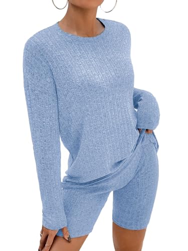 NIUDAU Damen Pyjama Set Drop Shoulder Langarmshirt und Shorts Zweiteile Schlafanzug Set Winter Sleepwear Hausanzug Sets Einfarbig von NIUDAU