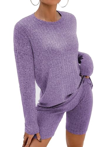 NIUDAU Schlafanzug Damen Kurz Pyjama Langarm Pyjamas Set Nachtwäsche Top und Shorts Zweiteilig Sleepwear Hausanzug Winter von NIUDAU