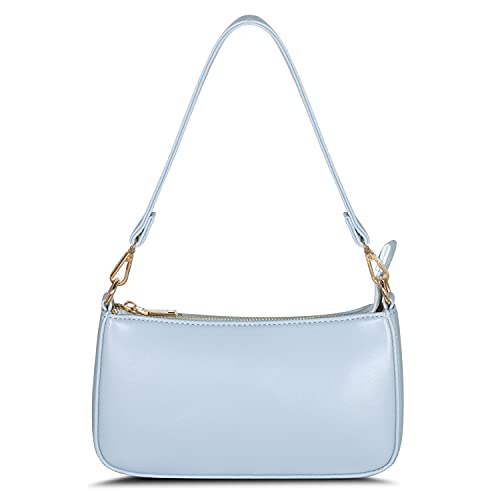 NIUEIMEE ZHOU Schultertasche für Damen Retro Vegan Leder Klassische Clutch Tote Handtasche mit Reißverschluss, hellblau, Small, von NIUEIMEE ZHOU