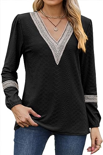 NIUHE Damen Gold Spitze V-Ausschnitt Kragen Muster Lose Relaxed Langarm T-Shirt Top(0 Schwarz,M) von NIUHE