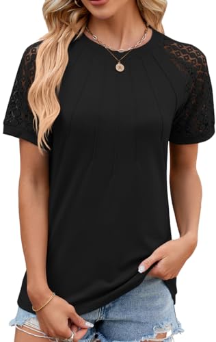 NIUHE Damen T-Shirt Brust Plissierte Muster Manschetten Spitze Hohl Rundhalsausschnitt Kurzarm(0 Schwarz,S) von NIUHE