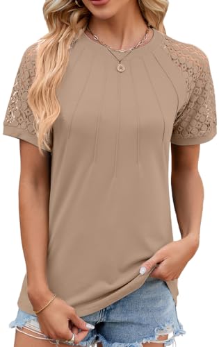 NIUHE Damen T-Shirt Brust Plissierte Muster Manschetten Spitze Hohl Rundhalsausschnitt Kurzarm(Khaki,XXL) von NIUHE