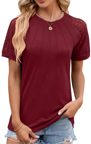 NIUHE Damen T-Shirt Brust Plissierte Muster Manschetten Spitze Hohl Rundhalsausschnitt Kurzarm(Weinrot,XXL) von NIUHE