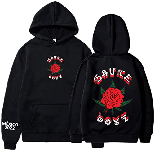 NIUHE Herren Kapuzenpullover Rose Latin Rapper Sänger Modischer Stil Sweatshirt Musik Langärmelig(schwarz-Rote Rose,M) von NIUHE