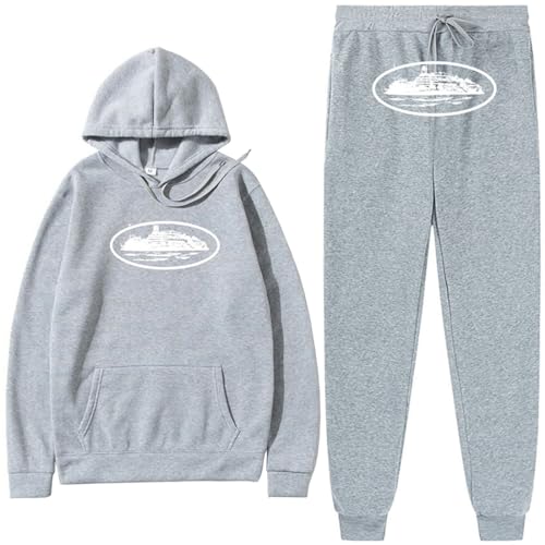 NIUHE Herren Trainingsanzug Sets Freizeit Jogginganzug Schiffe Druck 2-teilig Kapuzenjacke mit Kapuze Und Taschen Sporthose Kapuzenpullover(Grau,M) von NIUHE