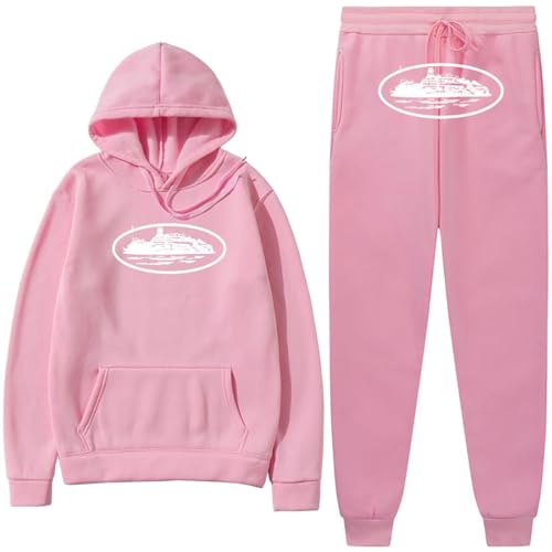 NIUHE Herren Trainingsanzug Sets Freizeit Jogginganzug Schiffe Druck 2-teilig Kapuzenjacke mit Kapuze Und Taschen Sporthose Kapuzenpullover(Rosa,M) von NIUHE