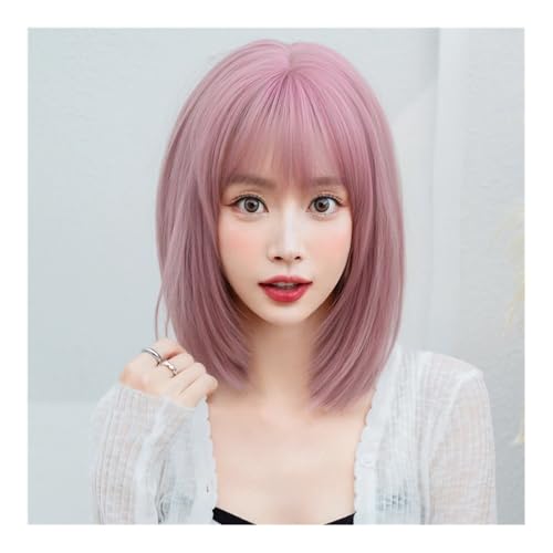 Perücken für Frauen Dark Brown Short Wig with Middle Part & Bangs: Chic Style for Every Day - Women's Fashionable Wig Solution Lockige Perücke(Pink) von NIUHUAHUI