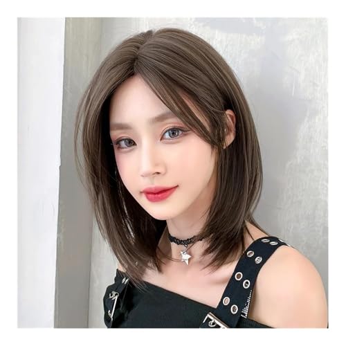 Perücken für Frauen Dark Brown Short Wig with Middle Part & Bangs: Chic Style for Every Day - Women's Fashionable Wig Solution Lockige Perücke(Russet) von NIUHUAHUI