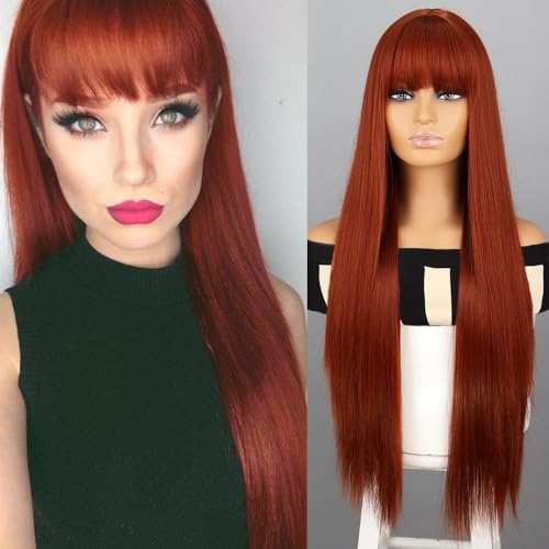 Perücken für Frauen Lange Synthetikperücke mit glattem Pony und Haaransatz Lockige Perücke(Brownish red) von NIUHUAHUI