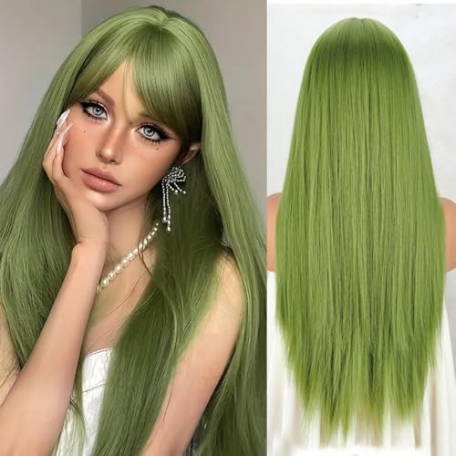 Perücken für Frauen Lange Synthetikperücke mit glattem Pony und Haaransatz Lockige Perücke(Green) von NIUHUAHUI