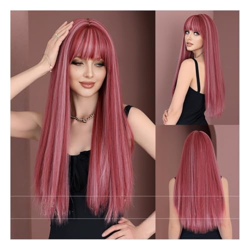 Perücken für Frauen Perücke Frau langes glattes Haar rosa Highlight Mädchen natürlich Vollkopfperücke Lockige Perücke(SilverGreyPowder) von NIUHUAHUI