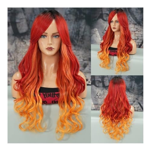 Perücken für Frauen Perücke Meerjungfrau verkleiden sich langes lockiges Haar eisblauer Farbverlauf Meerjungfrau Cosplay Perücke Lockige Perücke(Mermaid red orange) von NIUHUAHUI