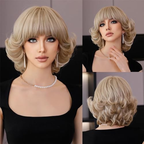 Perücken für Frauen Short Silvery Blonde Retro Bob Wig with Bangs for Women Daily Party Synthetic Straight Light Blonde Wigs Lockige Perücke von NIUHUAHUI