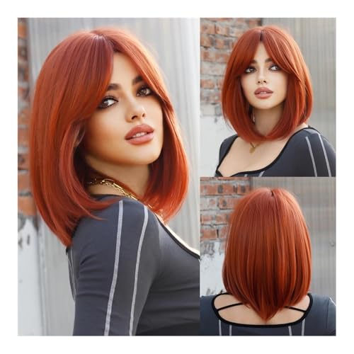 Perücken für Frauen Verwandlung von Rotbraun in Blond: Hitzebeständige, kurze, gerade Bob-Perücke – perfekt for tägliche Partys und stilvolle Momente Lockige Perücke(Red-Brown) von NIUHUAHUI