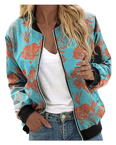 NIULI Bomberjacke Damen Y2K Blumen Kurz Vintage Oversize Frühling a Dünn Blouson Sommerjacke Übergangsjacke Damen Sommer College Jacke Windjacke (Color : Blue, Size : M) von NIULI