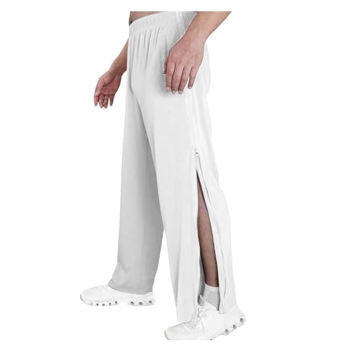 NIULI Reha Hose Damen Herren Seitlich Zu Öffnen Baggy Trainingshose, Leichte Jogginghose Abreißhose Herren Trainingshose Mit Durchgehendem Reissverschluss Freizeithose Mit Tasche(Blanc,M) von NIULI