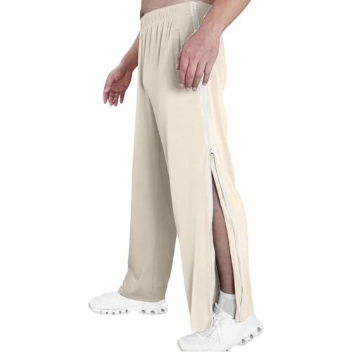 NIULI Reha Hose Herren Damen Seitlich Zu Öffnen M-3XL, Baggy Trainingshose Mit Seitlichem Und Reißverschluss Am Bein Weites Bein Sporthose Freizeithose Breite Jogginghose(Apricot,M) von NIULI