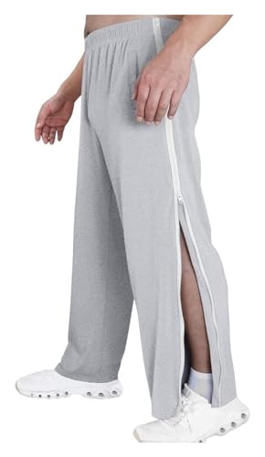 NIULI Trainingshose Herren Reha Hose Mit Durchgehendem Reissverschluss Taschen Basketball Jogginghose Seitlich Zu Öffnen Abreißhose Weites Bein Schnellfickerhose Freizeithose(Light Gray,L) von NIULI