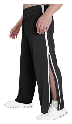NIULI Trainingshose Herren Reha Hose Mit Durchgehendem Reissverschluss Taschen Basketball Jogginghose Seitlich Zu Öffnen Abreißhose Weites Bein Schnellfickerhose Freizeithose(Noir,L) von NIULI