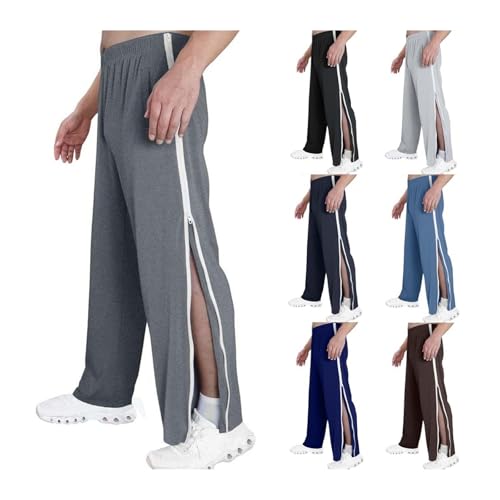 Reha Hose Damen Herren Seitlich Zu Öffnen, Herren Trainingshose Seitlicher Hosen Mit Durchgehendem Reißverschluss Reha Hose Split Basketball Trainingshose Lastischer Bund Jogginghose(Dark gray,M) von NIULI