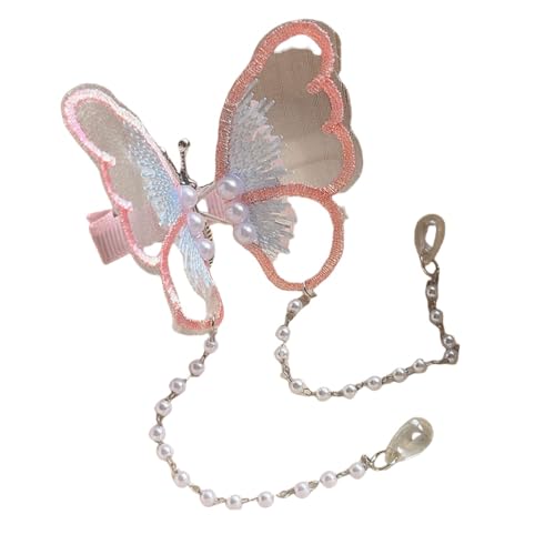 Damen-Haarspangen mit seitlichem Schmetterlingsclip und Perlen- und Schmetterlings-Mesh-Kristallquasten for Mädchen(Pink) von NIULIniuli
