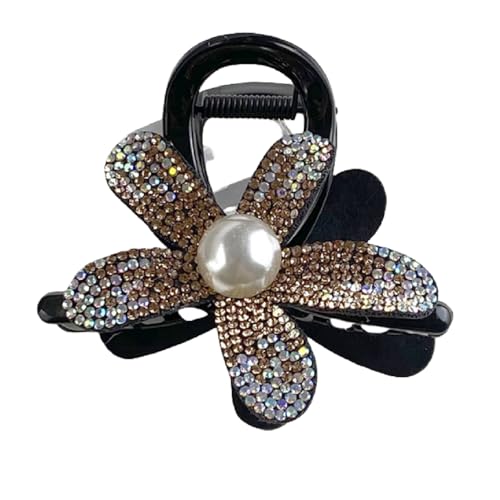 Haarspangen, Blumen-Haarnadel mit Strasssteinen und Perlen for Frauen, Fransen-Clip for die Stirn, Entenschnabel-Clip for gebrochenes Haar, Clip-Griff-Clip, Hai-Clip(Brown) von NIULIniuli