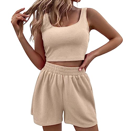 Set Damen Outfit 2 Teiler Damen Sommer Zweiteiler Damen Shorts und Top Sets 2 Piece Spaghettiträger Bauchfrei Tank Tops Kurze Hose Tops Camisole Crop Shorts Hauseanzug Kombi 2-Teiler Home Set #W von NIUREDLTD